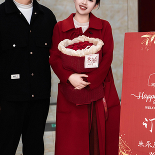 新中式晨拍女新娘红色羊毛大衣订婚结婚出门敬酒服高级感毛呢外套