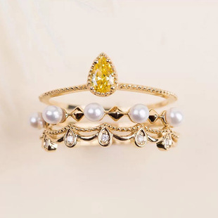 日系aget风轻奢黄水晶红刚玉蜡烛珍珠纯银镀14k金戒指环女套装