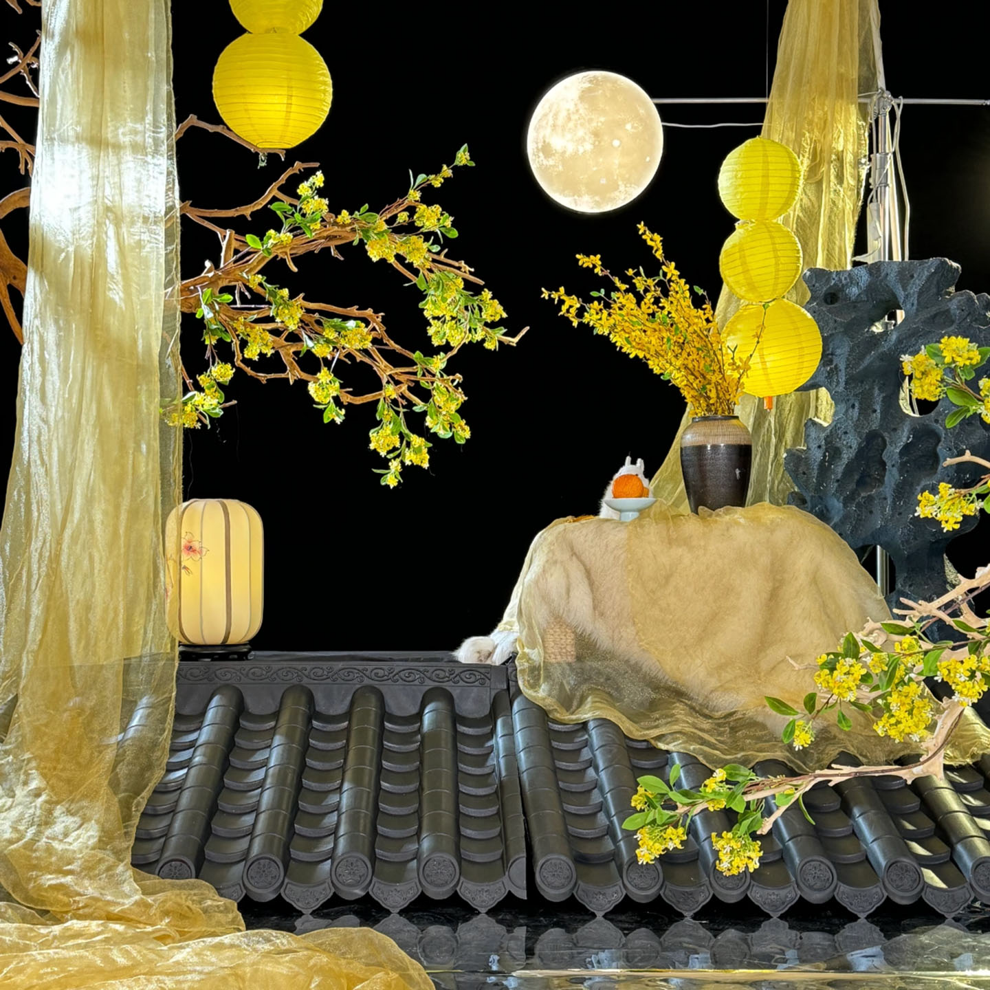 仿真桂花枝树枝摄影材料中秋节汉服古风国风拍摄道具秋季假花树叶