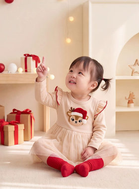 圣诞节服装女童秋季韩版圣诞节女童连衣裙ins小鹿刺绣长袖网纱裙
