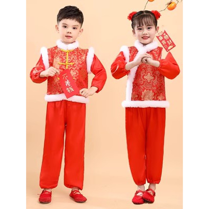 小孩大红色演出服元旦儿童喜庆演出服男女童中国风开门红表演服
