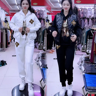 时尚套装女秋冬新款洋气加绒卫衣套装加厚连帽羽绒棉服马甲三件套