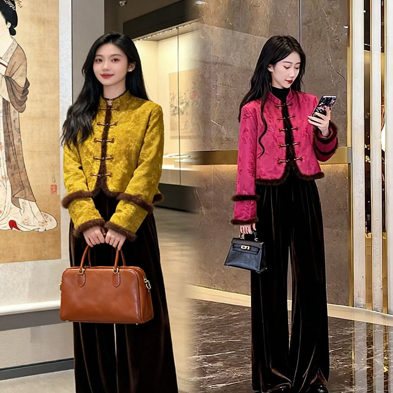 新中式立领盘扣拼毛毛短外套女秋冬洋气高级感时尚唐装上衣棉服女