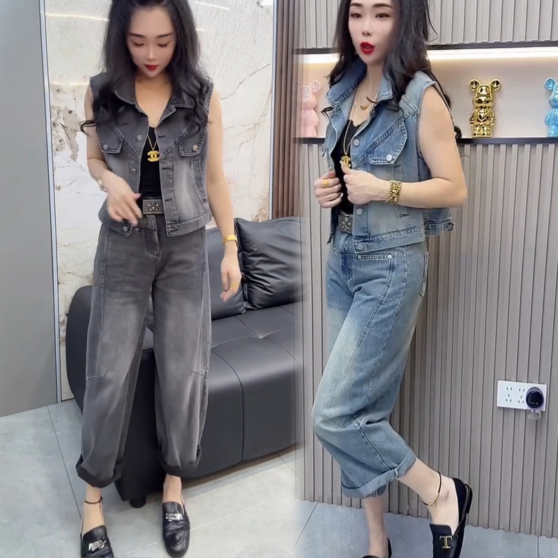 欧货时尚牛仔马甲套装女2026秋新款洋气减龄显瘦百搭休闲裤两件套