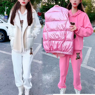 时尚套装女秋冬新款洋气加绒卫衣套装加厚连帽羽绒棉服马甲三件套