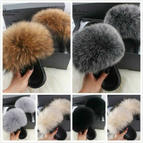 Women Lady Flat Faux Fur Fluffy Slippers Comfy Sandals Shoes