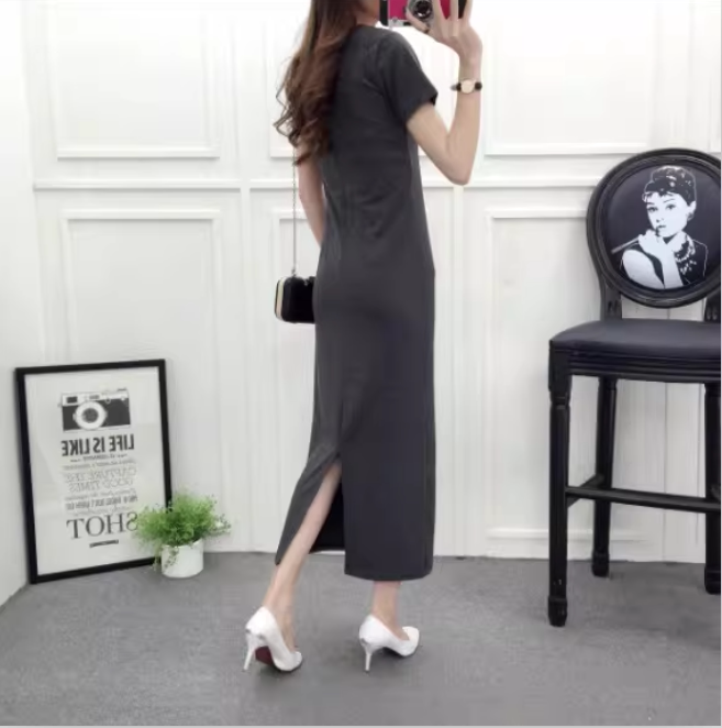 莫代尔垂感连衣裙女灰色长裙夏新款修身显瘦包臀直筒裙后开叉裙子