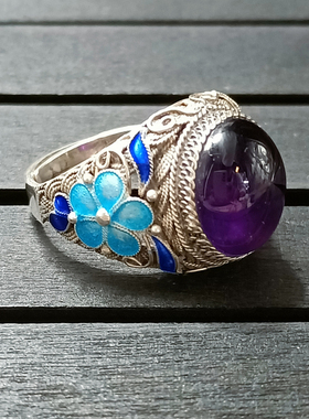 花丝镶嵌天然紫水晶戒指纯银