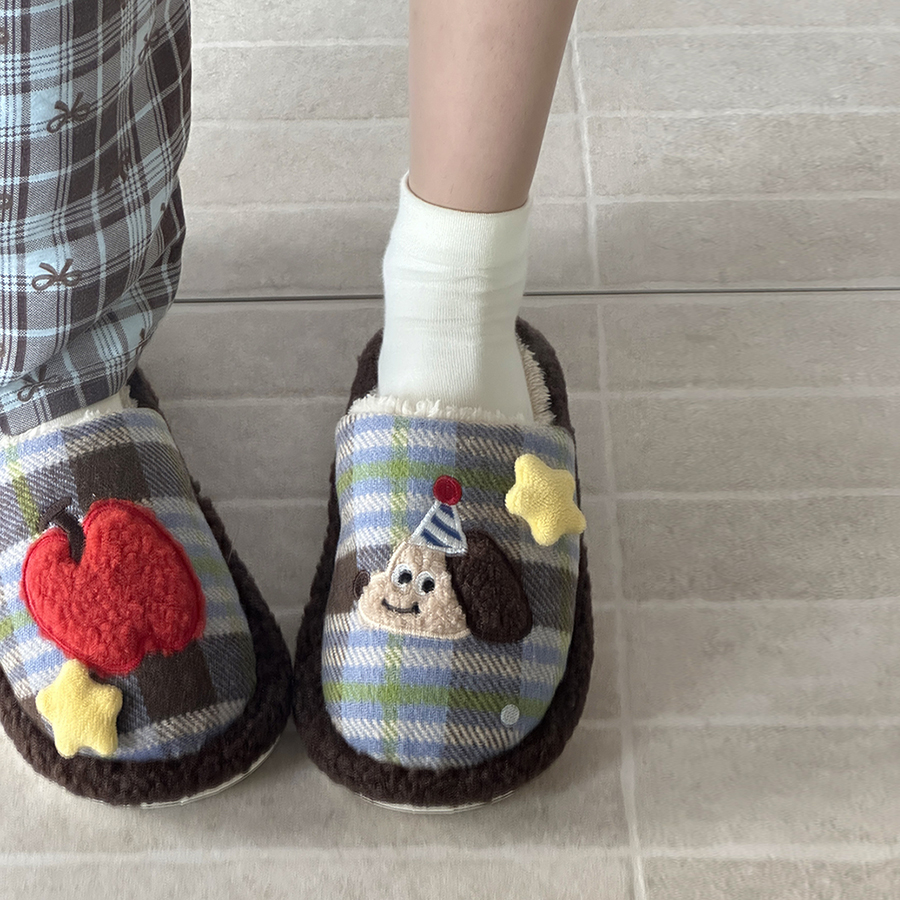 卡通少女可爱小狗毛毛棉拖鞋女室内居家软底防滑保暖包头拖鞋外穿