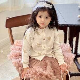 女童宝宝金银线五角星提花百搭毛衣针织开衫奶茶色TUTU裙蓬蓬裙