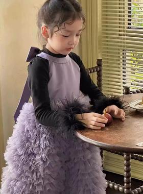 女童紫色重工礼服裙露背蝴蝶结公主裙高级感生日连衣裙蛋糕蓬蓬裙