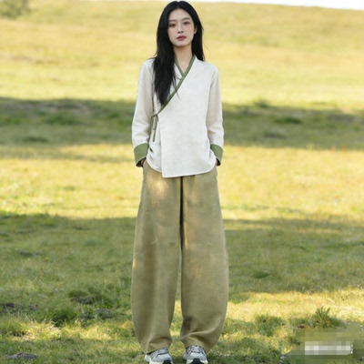 2026年秋新款文艺斜襟盘扣长袖衬衫女中国风汉服棉麻禅意练功太极