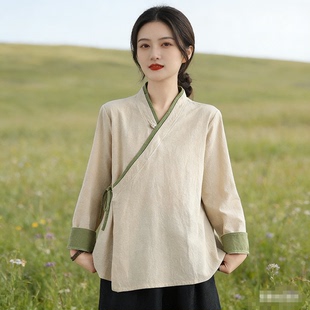 女中国风汉服棉麻禅意茶服 衬衫 2026年秋新款 文艺斜襟盘扣长袖
