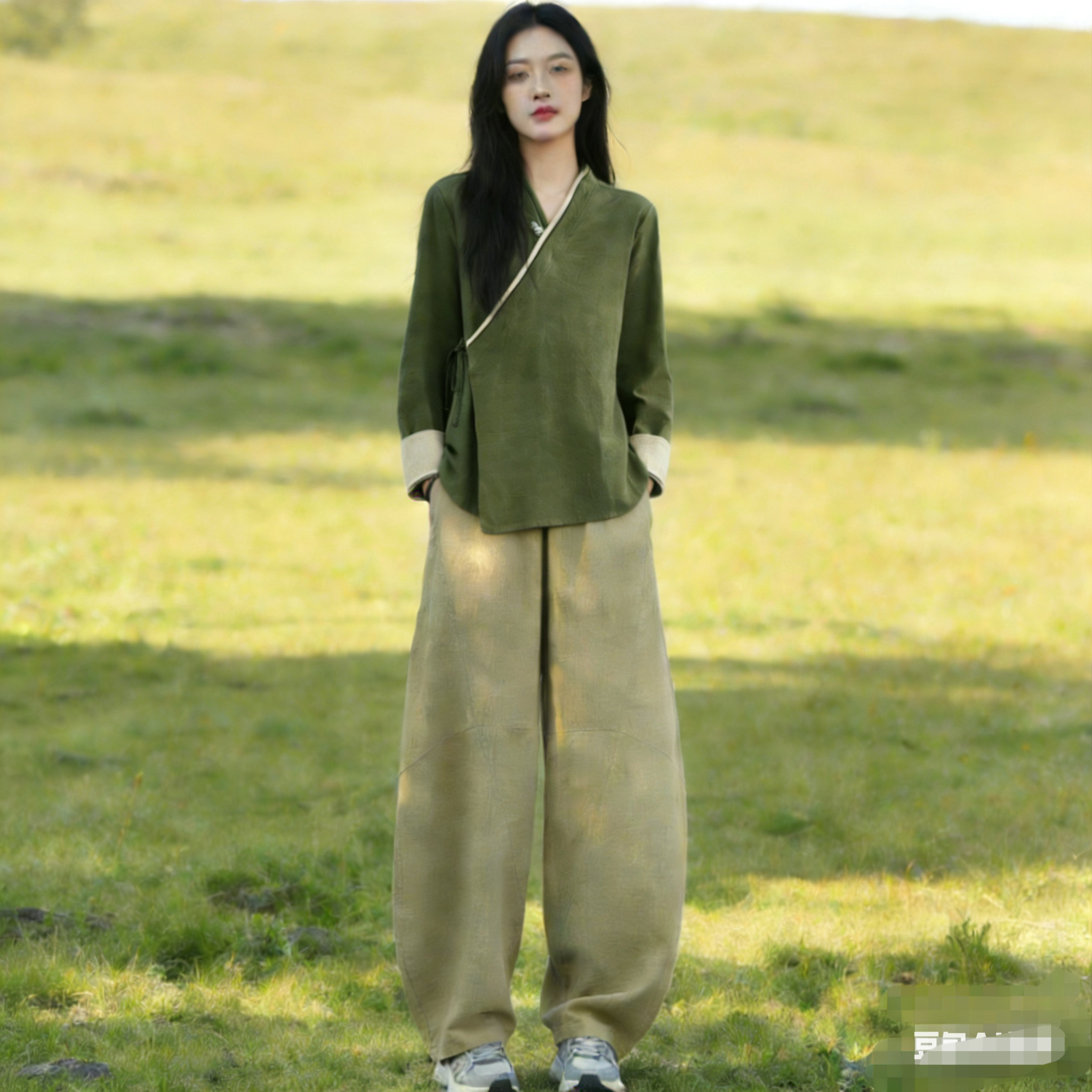 2026年新款文艺斜襟盘扣长袖衬衫女中国风汉服棉麻禅意茶服