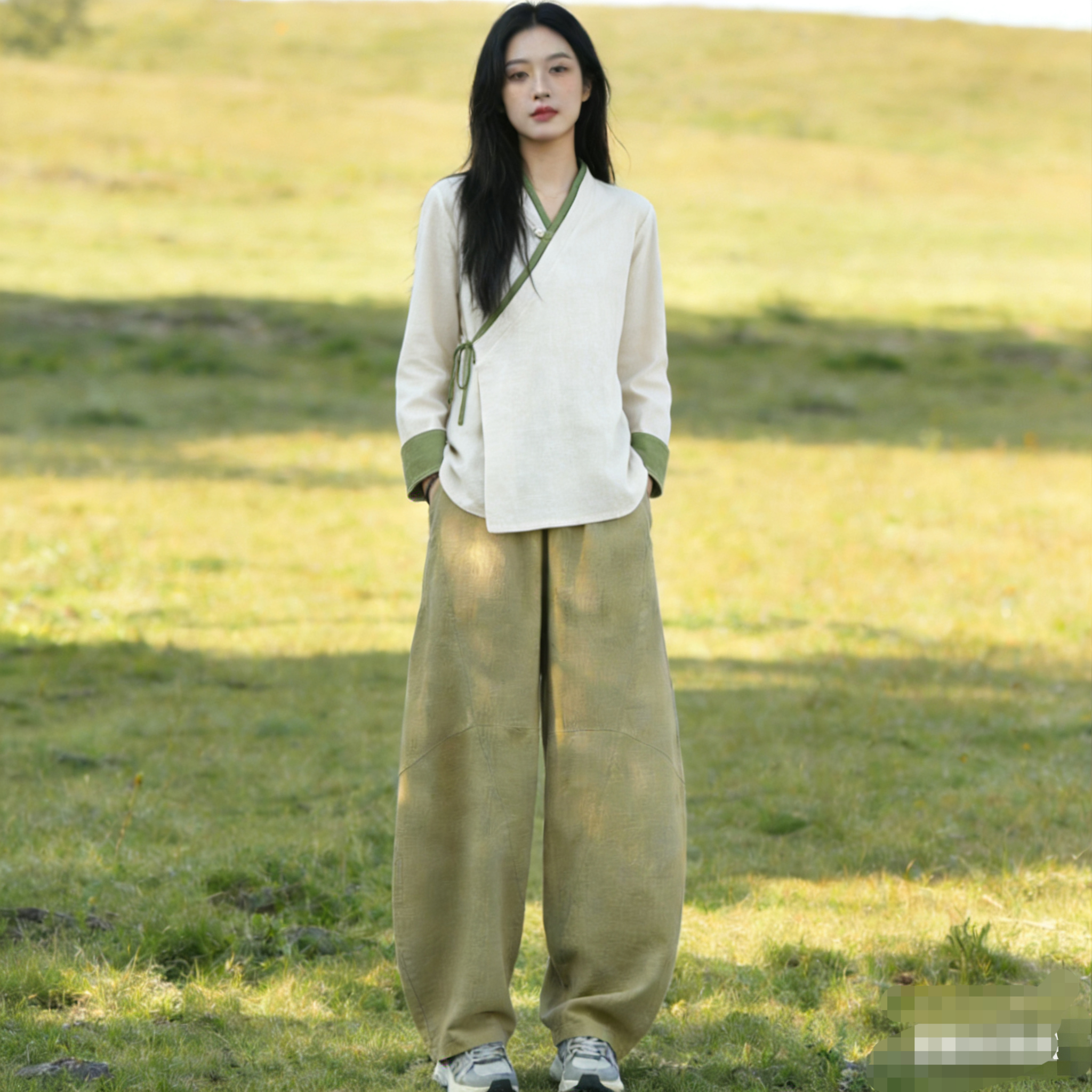 2026年新款文艺斜襟盘扣长袖衬衫女中国风汉服棉麻禅意茶服