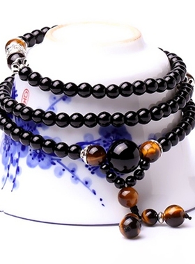 乌金黑曜石多圈森系学生佛珠手链