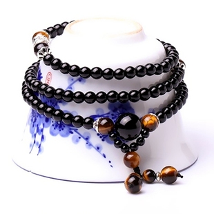 正品乌金黑曜石佛珠手链男款多圈女108粒佛珠森系学生情侣黑手串