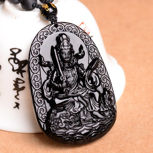 黑曜石文殊菩萨吊坠天然生肖属兔男女本命年挂件项链刻字项链