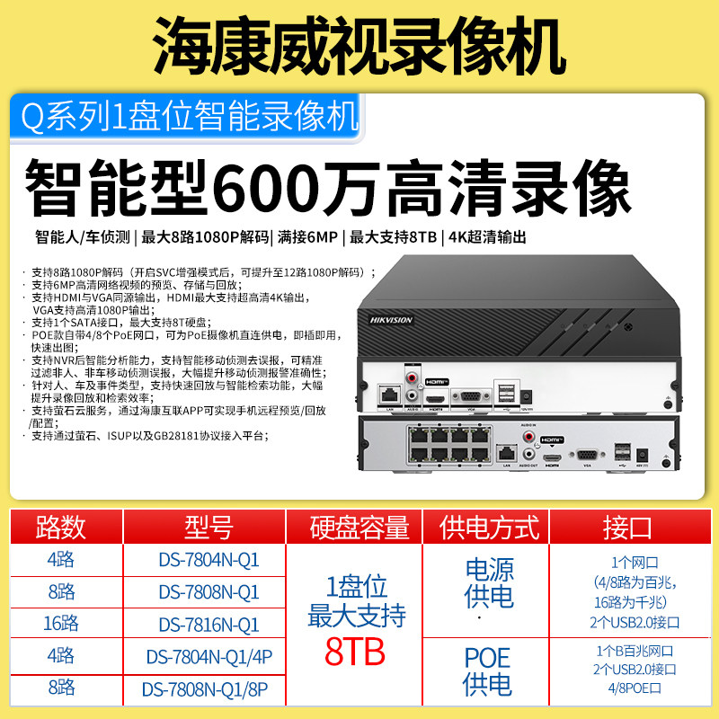 海康威视600万单盘位主机监控硬盘录像机7804N/08N/16N-Q1/4P/8P