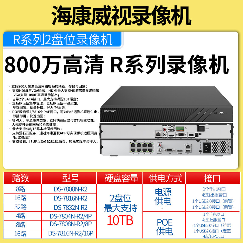 海康威视800万高清监控硬盘录像机2盘位7808/16/32N-R2/4P/8P/16P