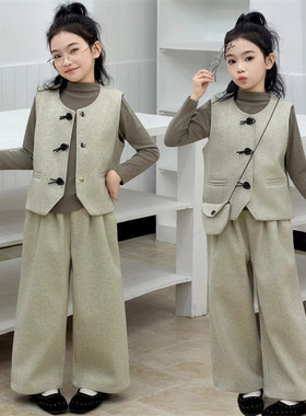 女童春款新款毛呢套装韩版马甲打底衫三件套中大童阔腿裤长裤批发