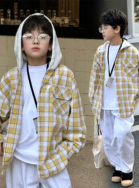 男童春装格子长袖衬衫2026儿童休闲男孩时尚宽松连帽衬衣外套批发