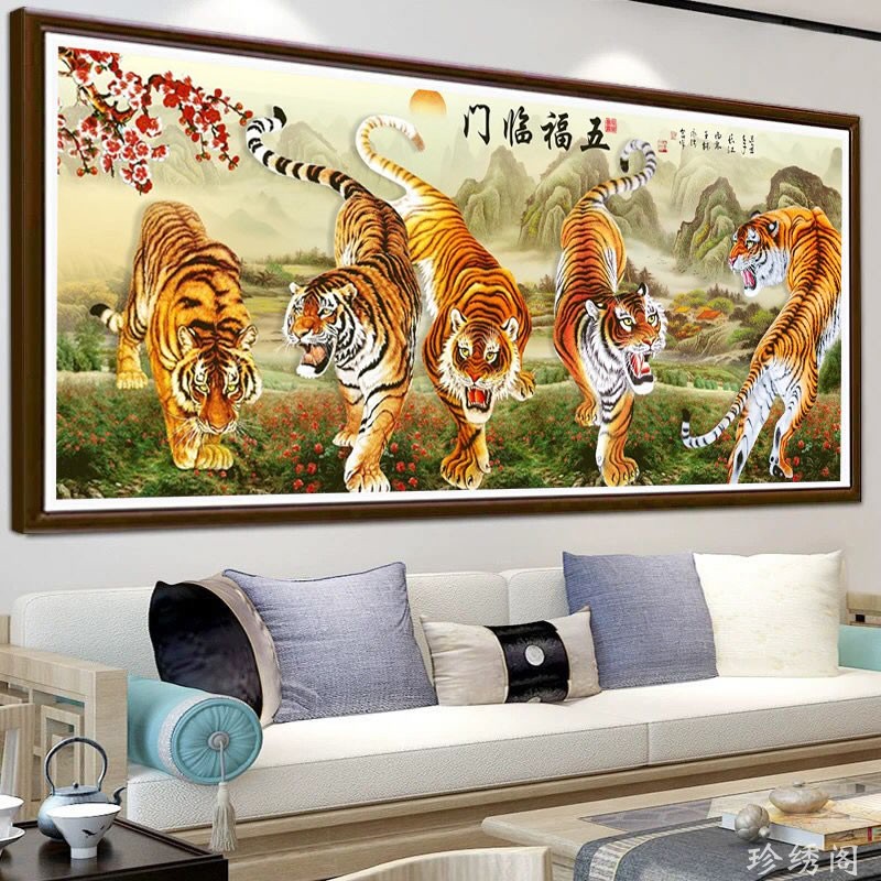5d老虎图钻石画满钻手工diy五福临门大幅粘砖贴钻十字绣客厅镇宅