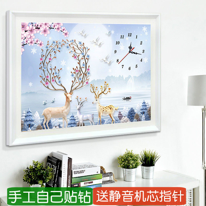 5d客厅钟表钻石画2026新款梅花鹿风景小幅粘砖点钻十字绣满钻时钟