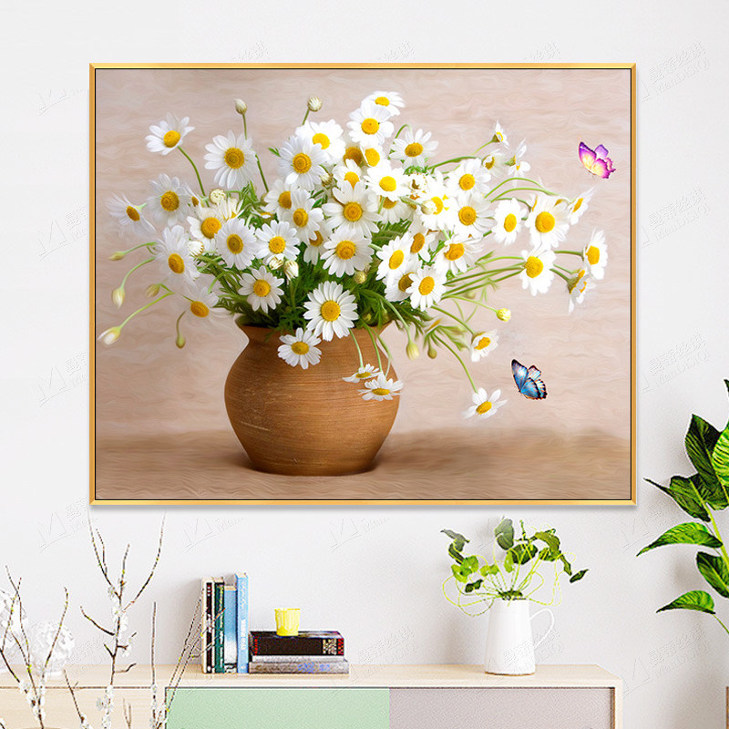 5d餐厅钻石画满钻新款清新小雏菊植物花卉贴钻点钻十字绣花瓶插花