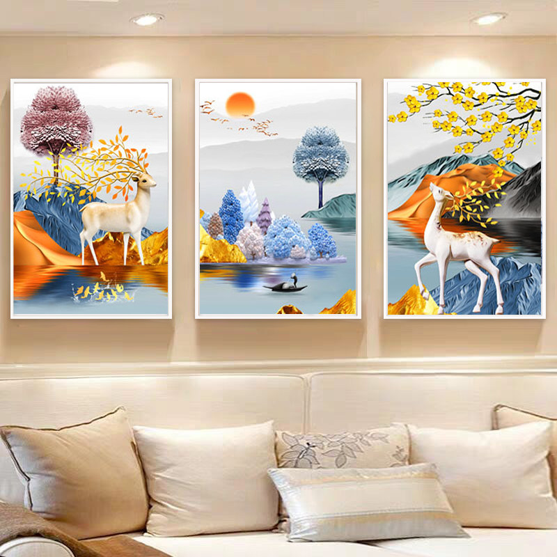 5d现代客厅三联画钻石画满钻2026新款风景粘贴钻十字绣三连发财鹿