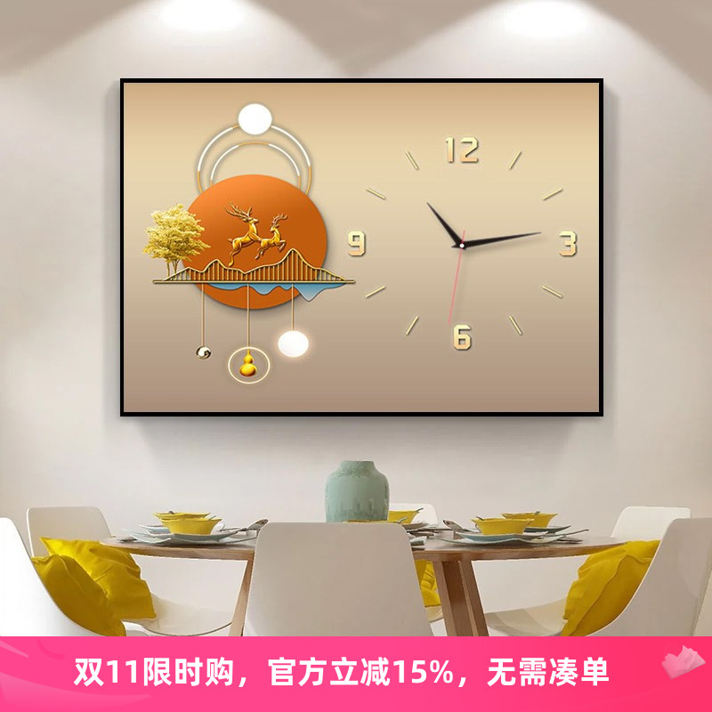 带钟表的钻石画满钻2025新款发财鹿客厅粘砖贴十字绣挂钟轻奢现代