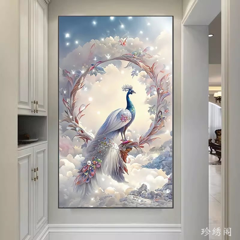 5d北欧奶油风钻石画2026新款满钻孔雀玄关粘点贴钻十字绣竖版过道