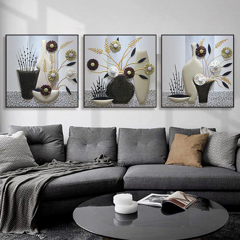 5d极简风钻石画手工diy客厅三联画艺术花瓶点贴钻十字绣立体花卉