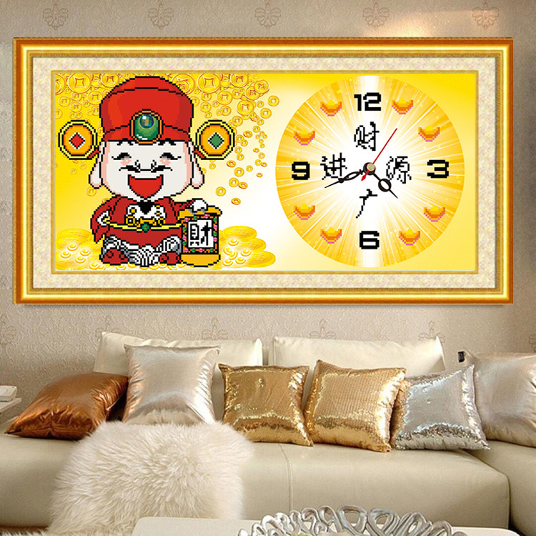 5d财神爷钻石画满钻新款时钟表客厅招财进宝粘砖贴钻画十字绣挂钟