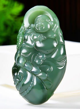 省级大师郭磊油疙瘩细料手工精雕和田玉猫眼碧玉手把件弥勒佛95克