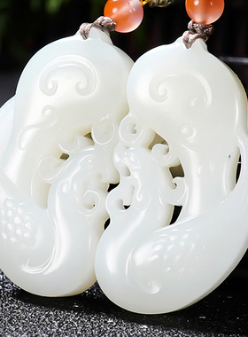 老坑油润细料新疆和田玉羊脂白玉挂件玉坠 对牌 龙凤呈祥 29.23克