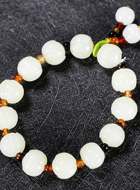 手工雕刻新疆和田玉黄口料浅黄精品玉莲花好运连连手链31克