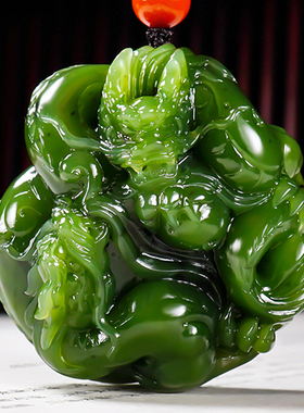省大师张亚龙菠菜绿和田玉碧玉手把件龙行天下双龙戏珠89.91克