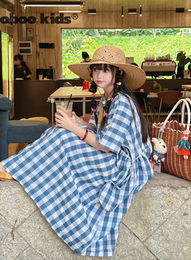 墨宝童装 MoobooKids_夏日的法式浪漫蓝白格黄色贴布连衣裙