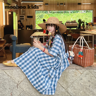 墨宝童装 MoobooKids_夏日的法式浪漫蓝白格黄色贴布连衣裙