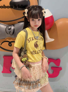 墨宝童装 _两面印花字母淡黄色日系T恤+芭蕾少女风拼接雪纺短裙裤