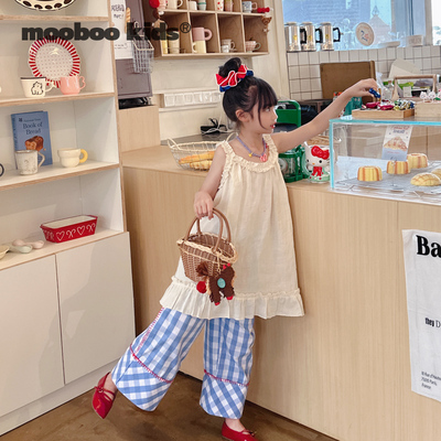 MoobooKids_夏日竺麻花边吊带仙女长款背心裙+撞色红边手勾蓝格裤