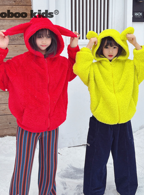 软软糯糯的双面绒拉链小兔耳朵荧光黄色外套女宝中大童