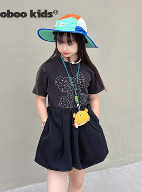MoobooKids_立体腰黑色花苞短裙裤+炒盐洗水做旧黑色蝴蝶结T恤
