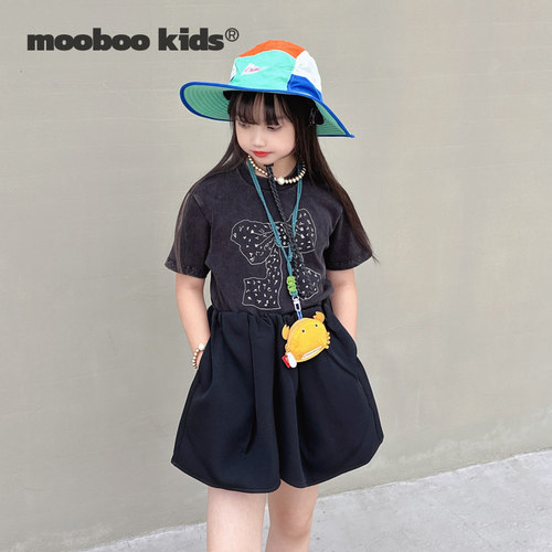 MoobooKids_立体腰黑色花苞短裙裤+炒盐洗水做旧黑色蝴蝶结T恤
