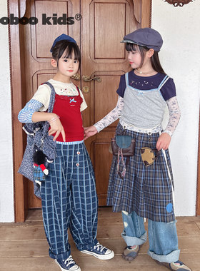 墨宝童装_miu系贴钻假三件短袖T+miu蓝格半裙+印花进口网纱打底衫