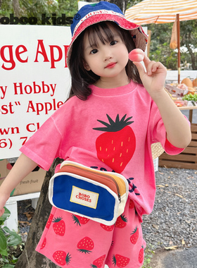 墨宝童装 MoobooKids_夏日甜蜜的草莓粉棉质短袖+草莓印花短裤