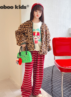 MoobooKids_不掉毛无比柔软豹纹绣花拼绿色包边短外套中大童男女