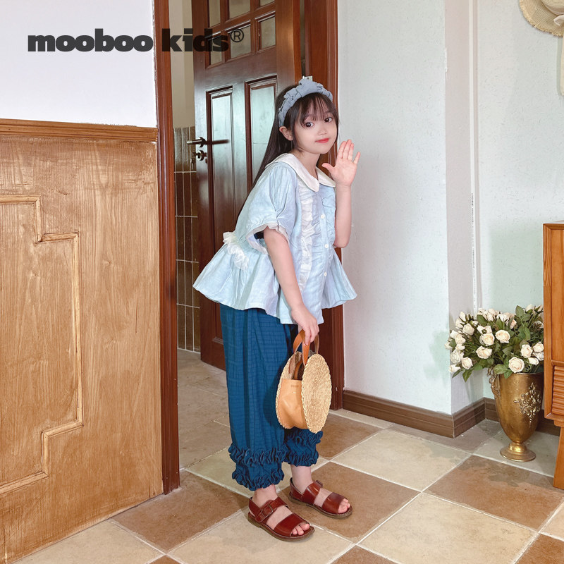 法式海盐蓝拼接褶皱细节拉满娃娃领上衣 心机很重层层花边防蚊裤