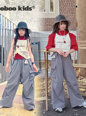 墨宝童装_腔里腔调灰色工装裤+混搭王吊带针织 8岁女中大童秋季